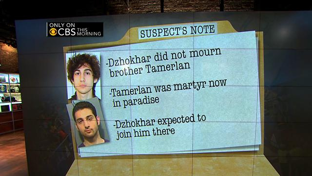 CBS This Morning: Boston Marathon bombing suspect left note: What did it say?
