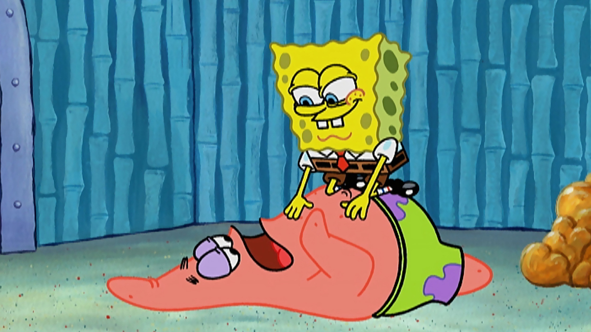 Patrick goes overboard when he takes Spongebob on as a role model./Spongebo...