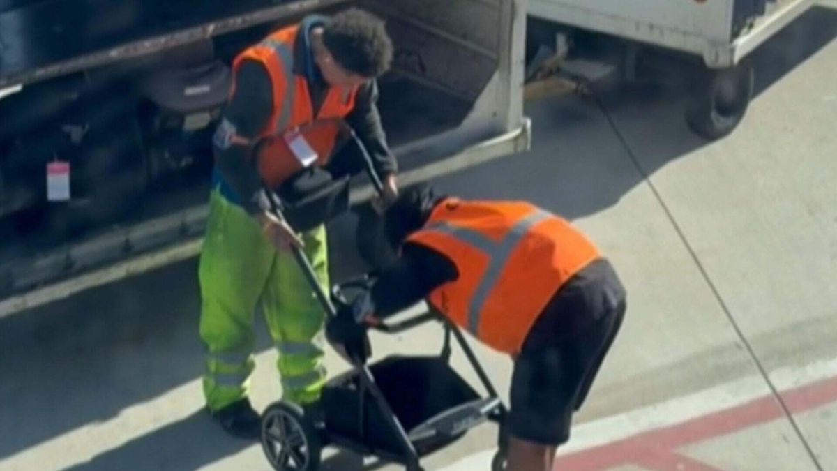 Watch CBS Evening News: Baggage handlers struggle to fold baby stroller ...