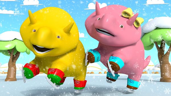Dino the Dinosaur - Dino e Dina patinam no gelo. / Jogue amarelinha com Dino e Dina / Pintura de patas / Dino e Dina brincam com a máquina de bolhas