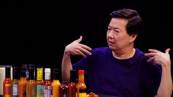Hot Ones - Ken Jeong Performs a Physical While Eating Spicy Wings