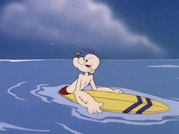 Popeye und Sohn - Junior und Woody trinken eine Formel, die sie in Monster verwandelt. / Popeye fordert Junior zu einem Surfwettbewerb heraus.