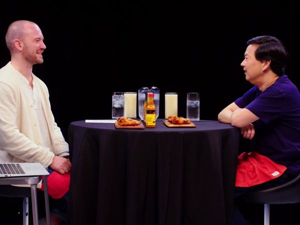 Hot Ones - Ken Jeong Performs a Physical While Eating Spicy Wings