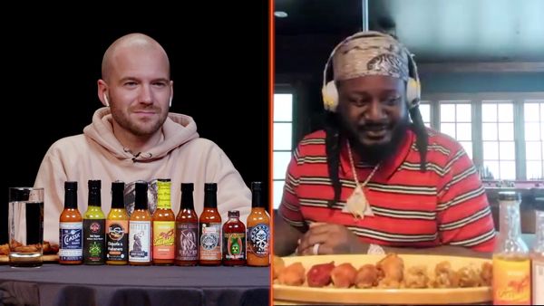 Hot Ones - T-Pain Tastes Gas While Eating Spicy Wings